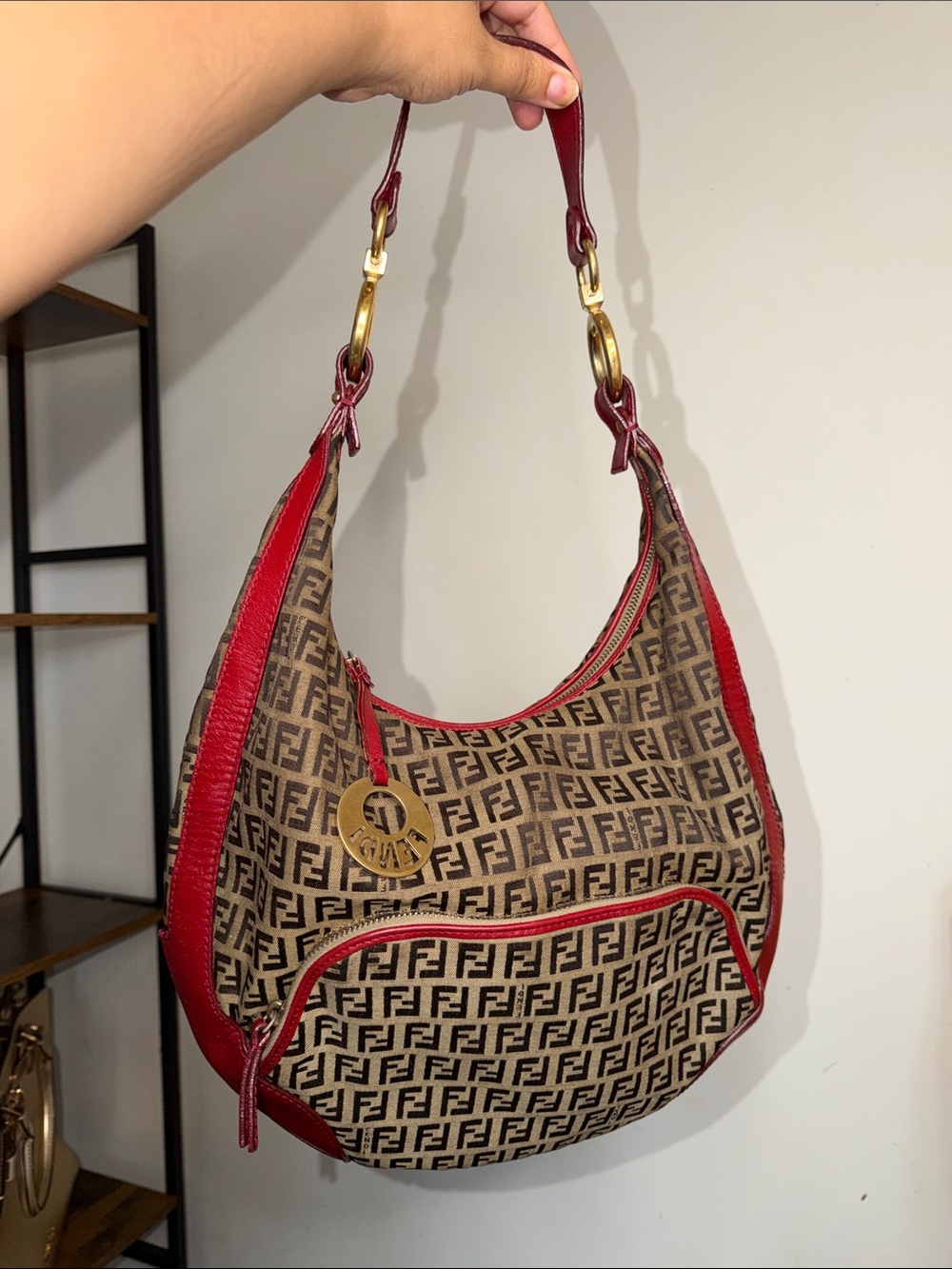 Fendi Brown Zucca Crescent Shoulder Bag with Red Trim
